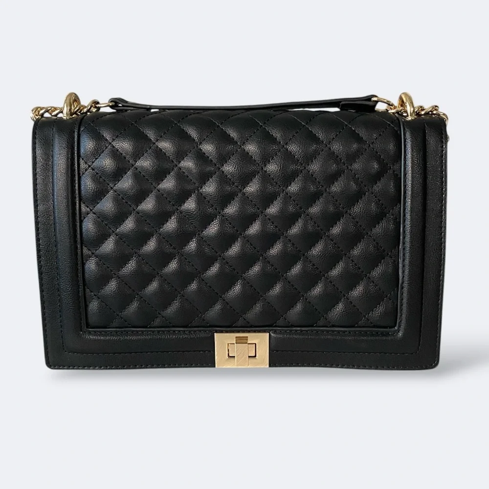 INC Black Leather Quilted Flap Crossbody Shoulder Bag Gold Turn-Lock Chain